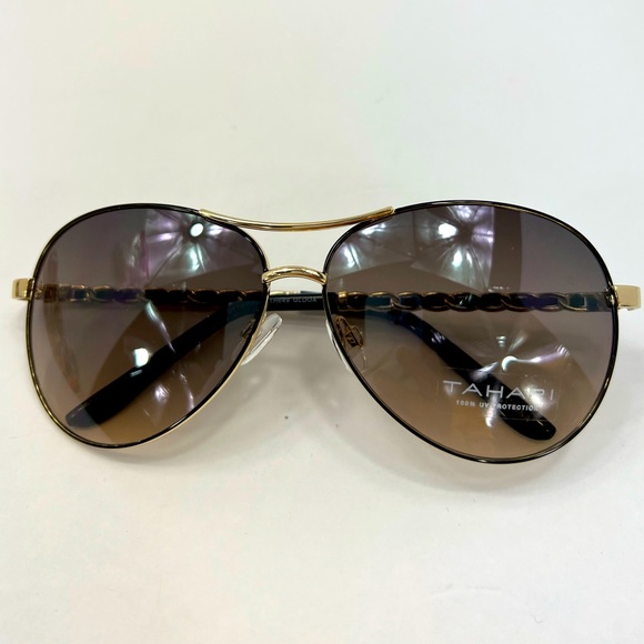 TAHARI AVIATOR 100% UV PROTECT SUNGLASSES,GOLD METAL FRAME, WOVEN LEATHER SIDES - Picture 13 of 14